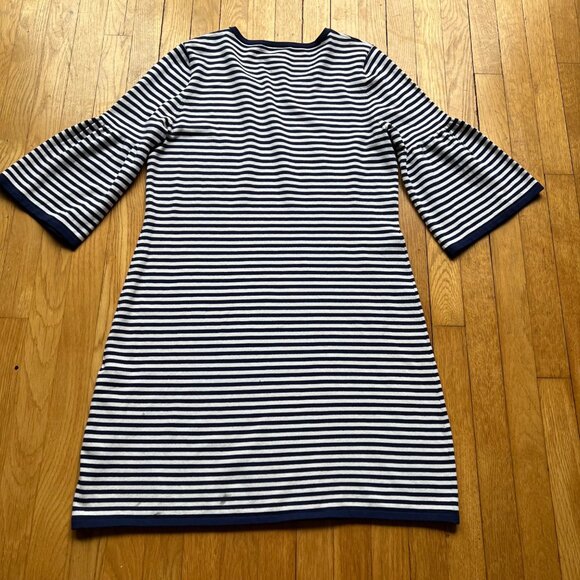 Sail To Sable Size L Navy & White Striped 3/4 Bell Sleeve Nautical Mini Dress - Picture 4 of 13